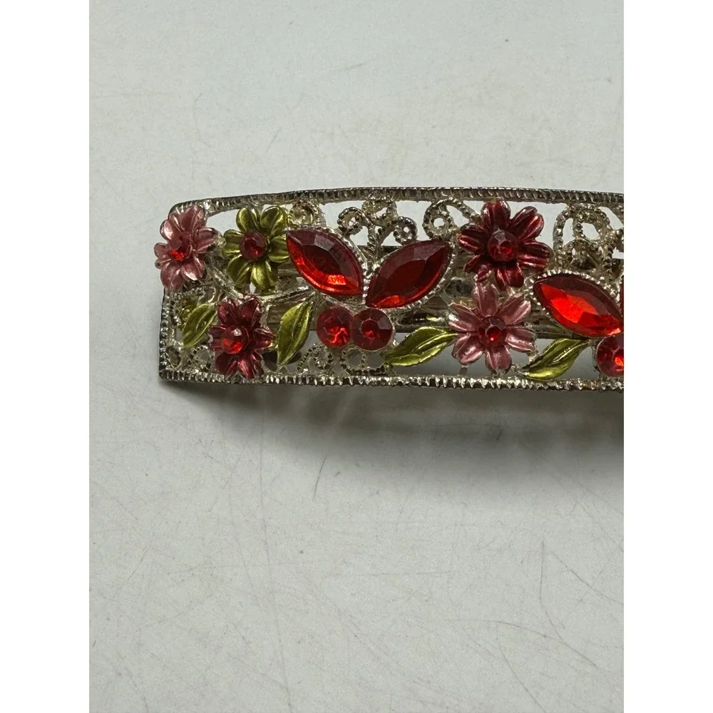 Vintage Floral Filigree Hair Barrette Red Rhinestone Enamel Flower Silver Tone